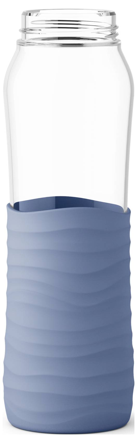 Eine transparente Wasserflasche mit welligem, blauen Silikonmantel für besseren Halt.