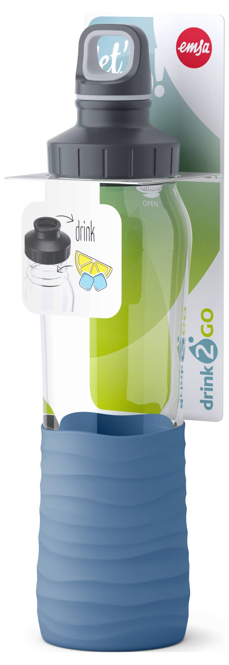Eine wiederverwendbare Wasserflasche mit blauem Griff und transparentem Körper. Das Etikett betont 'drink2go' und eine einfache Handhabbarkeit.