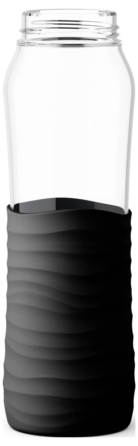 Eine transparente Wasserflasche mit schwarzer, gewellter Silikonhülle am unteren Ende.