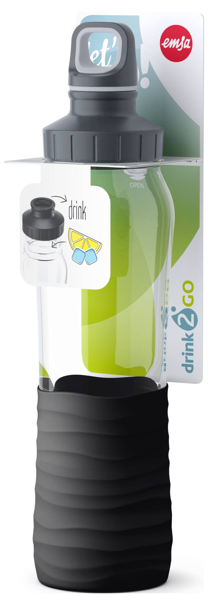 Eine transparente Trinkflasche mit schwarzem Drehdeckel und schwarz geriffeltem Griff. Auf der Verpackung steht 'drink2go'.
