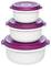 Drei weiße runde Plastikbehälter mit lila Deckeln, übereinander gestapelt, von klein oben nach groß unten. Ideal zur Lebensmittelaufbewahrung.