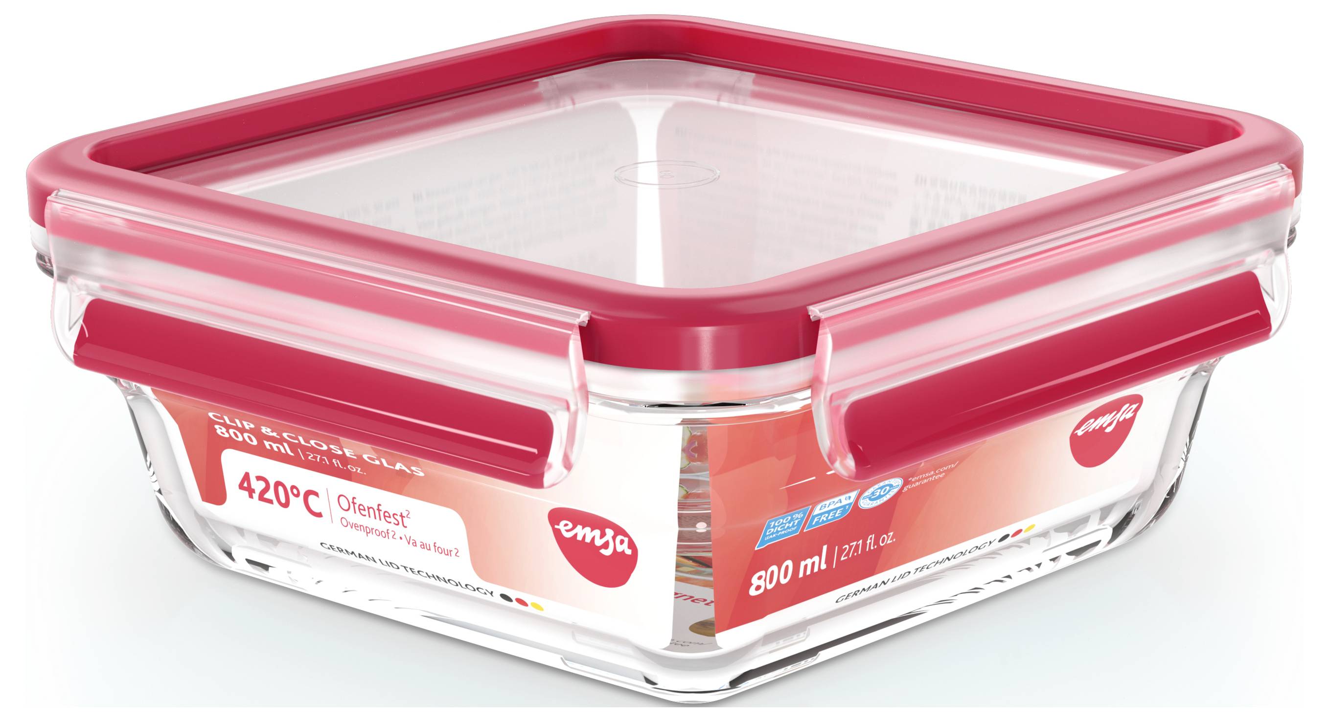 Quadratische Glas-Aufbewahrungsbox mit rotem Kunststoffdeckel, geeignet für 800 ml Inhalt, temperaturbeständig bis 420°C.