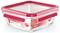 Quadratische Glas-Aufbewahrungsbox mit rotem Kunststoffdeckel, geeignet für 800 ml Inhalt, temperaturbeständig bis 420°C.