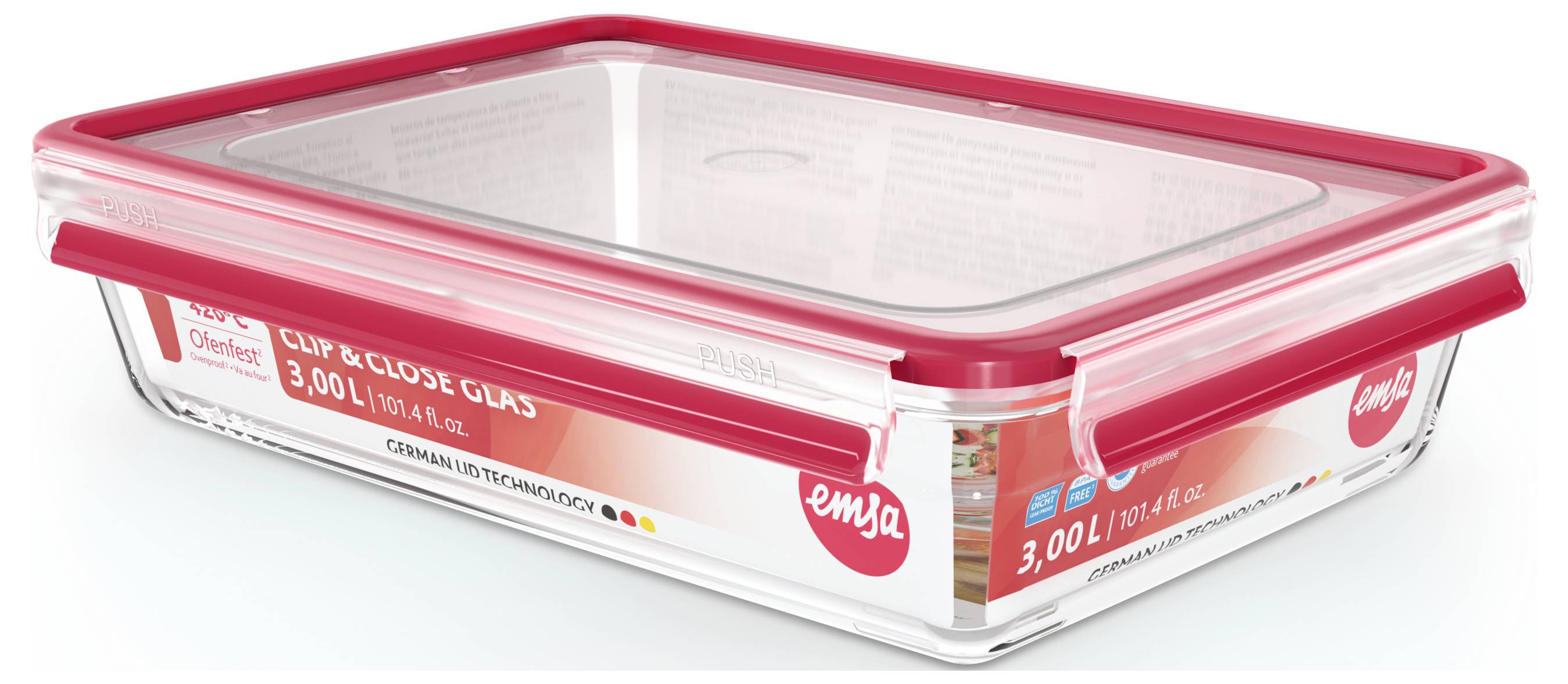 Rechteckige, auslaufsichere Vorratsdose mit rotem Deckel und 3,0-Liter-Füllvolumen. Geeignet zur Aufbewahrung von Lebensmitteln.