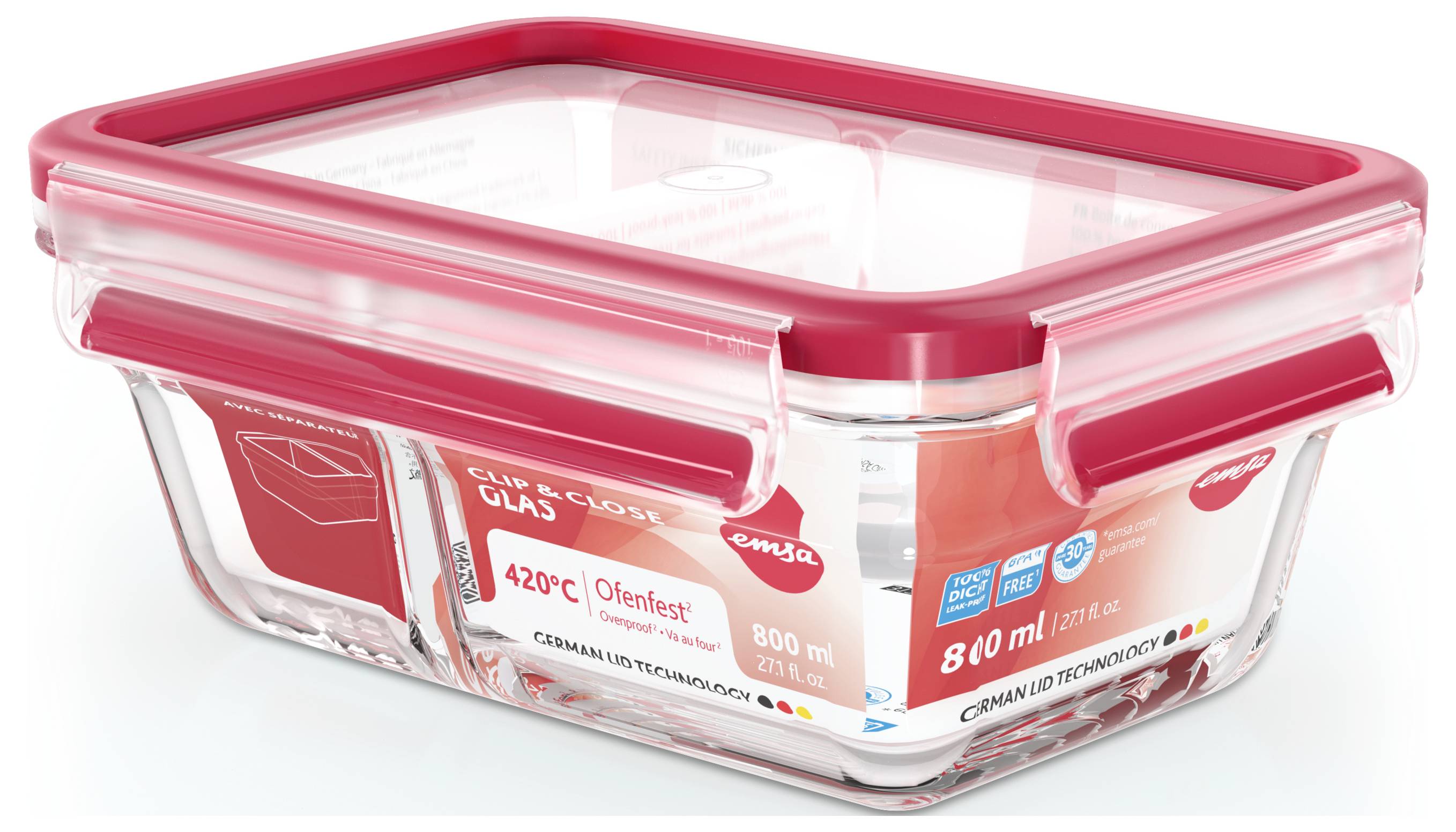 Rechteckige Glas-Aufbewahrungsdose mit rotem Deckel, 810 ml Kapazität, hitzebeständig bis 420°C, ideal für Ofen und Mikrowelle.