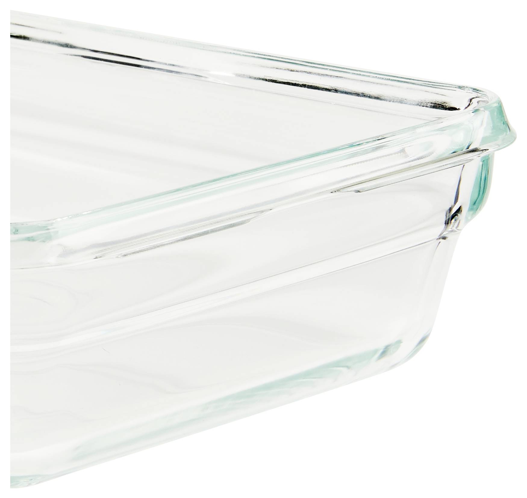 Ein leeres, rechteckiges Glasgefäß mit transparenten Wänden, dargestellt in seitlicher Ansicht.