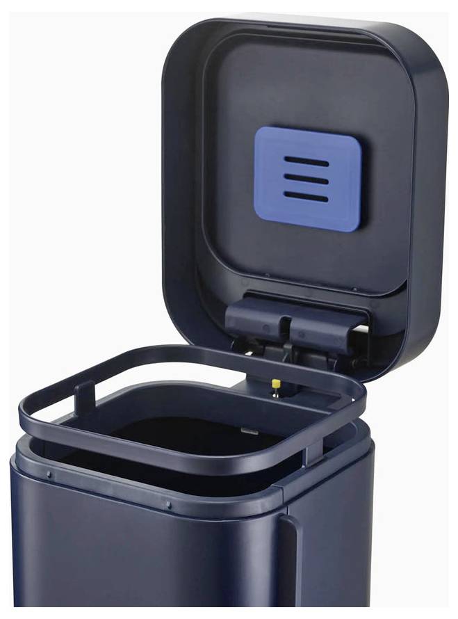 Ein schwarzer, offener Mülleimer mit quadratischem Deckel und blauer Lüftungsöffnung zeigt das leere Innere.