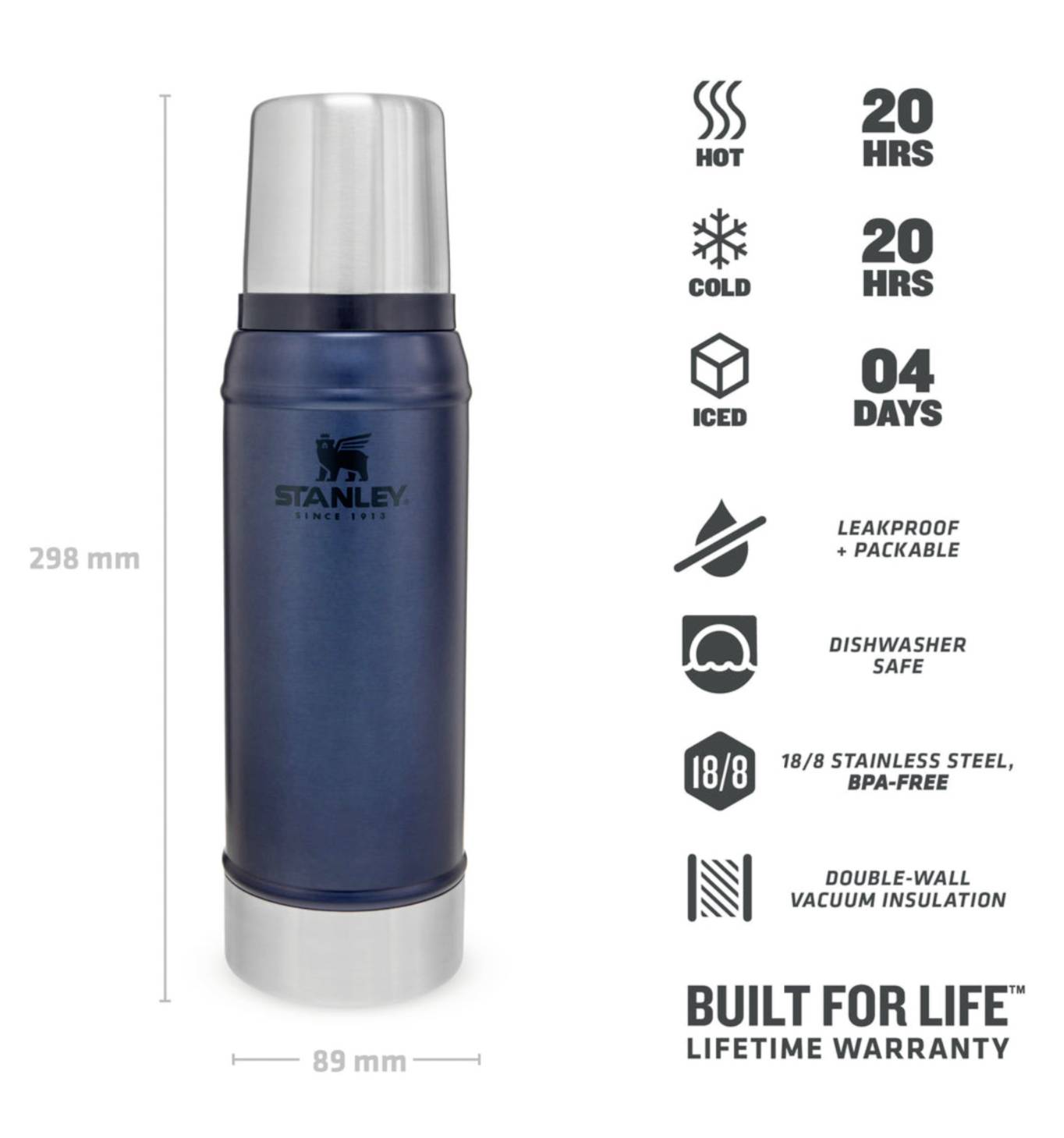 Thermosflasche aus Edelstahl, 298mm hoch, 89mm breit, hält Flüssigkeiten 20 Stunden heiß oder kalt, 4 Tage mit Eis, spülmaschinenfest.