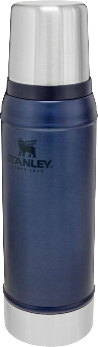 Blauer Thermosbehälter mit silbernem Deckel, seitlich mit Logo 'Stanley' bedruckt. Ideal für das Warmhalten von Getränken.
