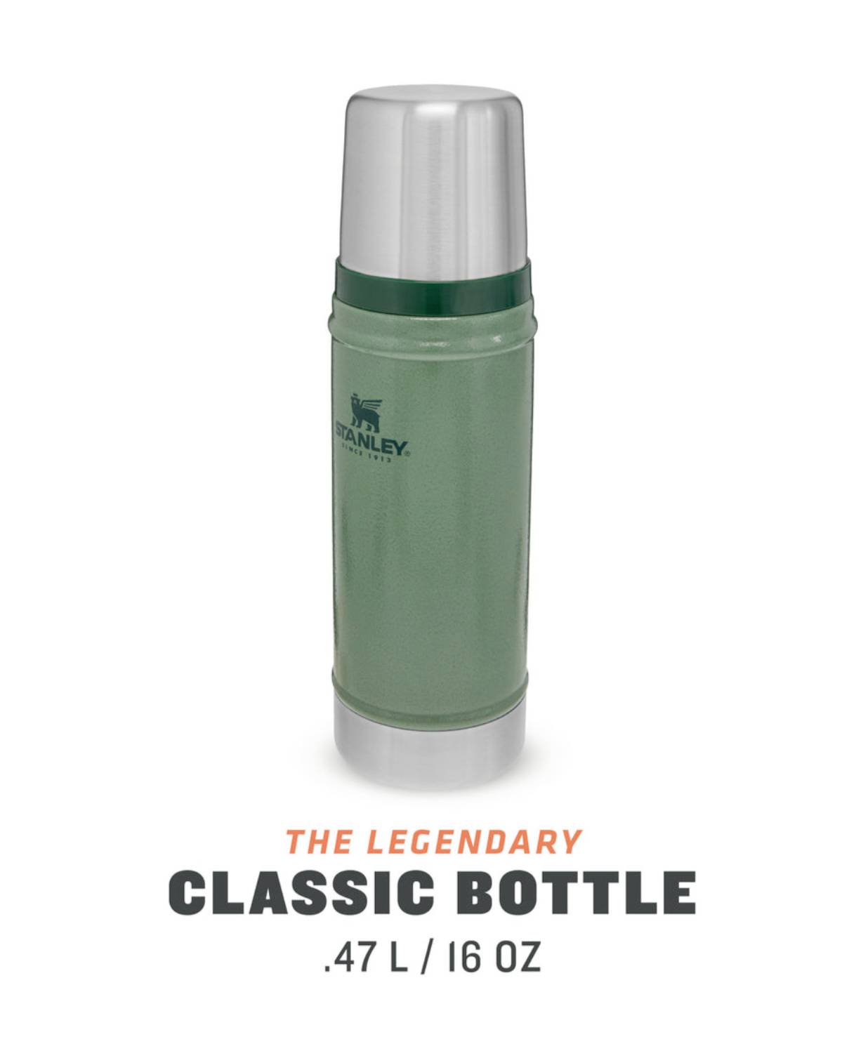 'Grüne Thermosflasche mit silbernem Deckel. Text: The Legendary Classic Bottle. 0,47 L / 16 OZ.'