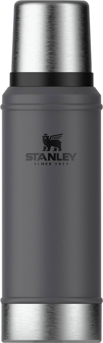 Graue Thermosflasche mit Metallverschluss, trägt das Logo und den Schriftzug 'Stanley since 1913'.