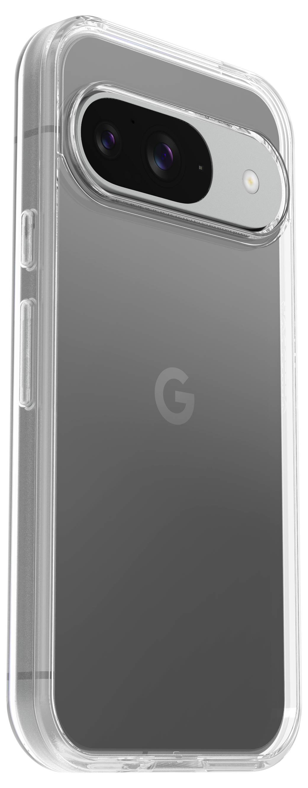 Ein Smartphone mit transparenter Schutzhülle. Die Rückseite zeigt ein Doppelkamera-Setup und ein 'G'-Logo in der Mitte.