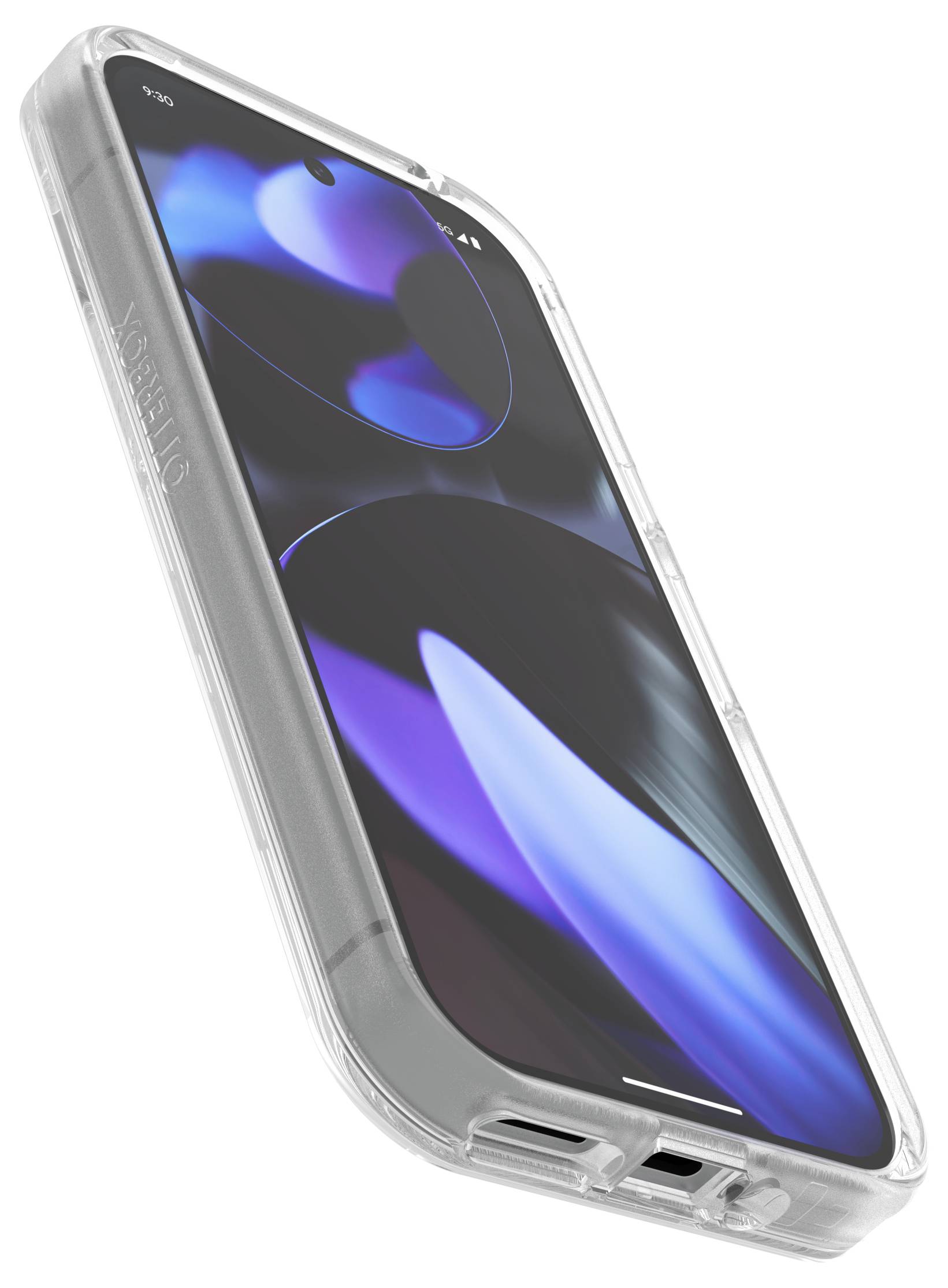 Ein Smartphone in einer klaren Schutzhülle, das nach rechts geneigt ist. Der Bildschirm zeigt ein blaues, abstraktes Muster.