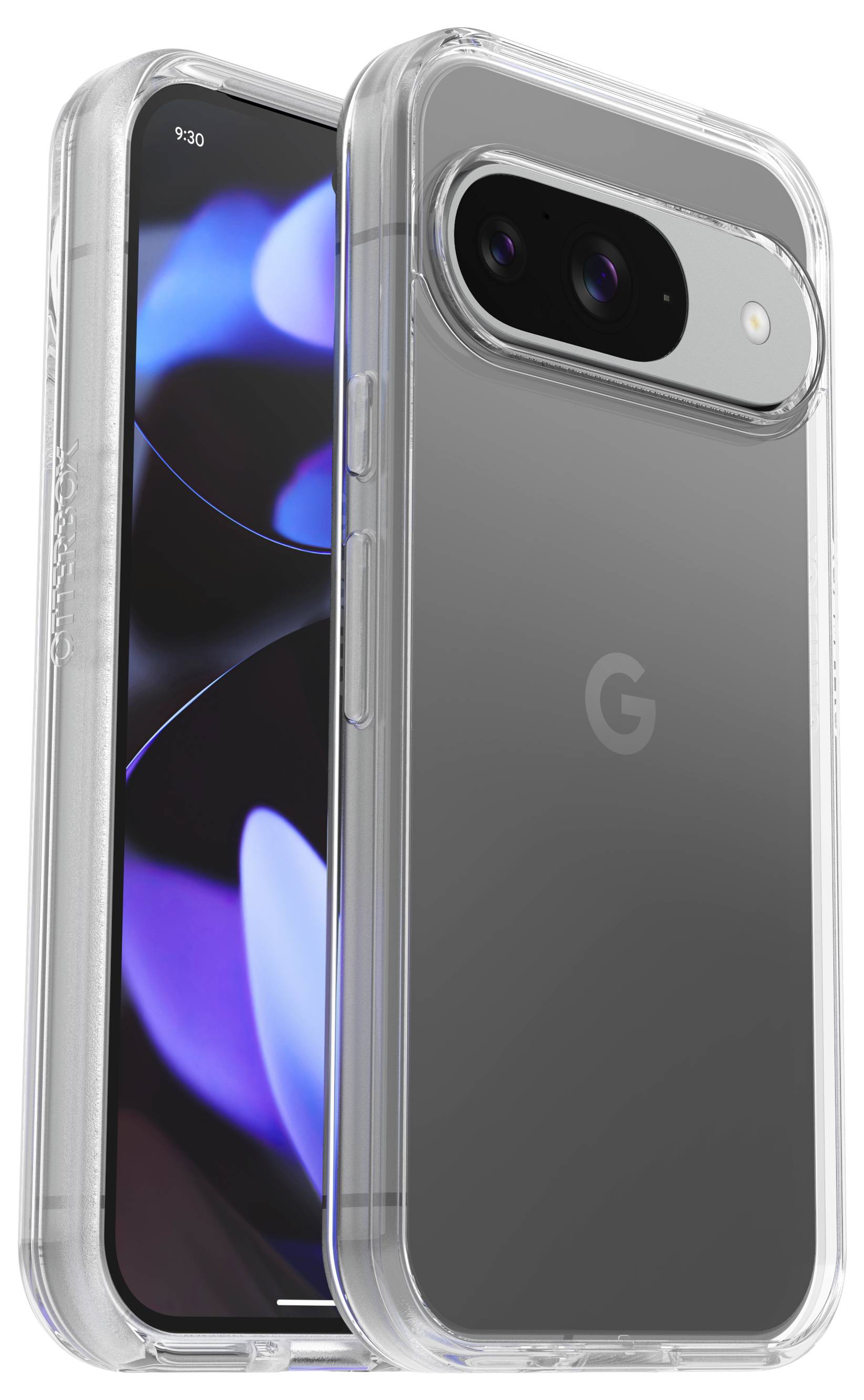 Zwei transparente Handyhüllen zeigen Vorder- und Rückseite eines modernen Smartphones mit Kameramodul auf der Rückseite und beleuchtetem Display.