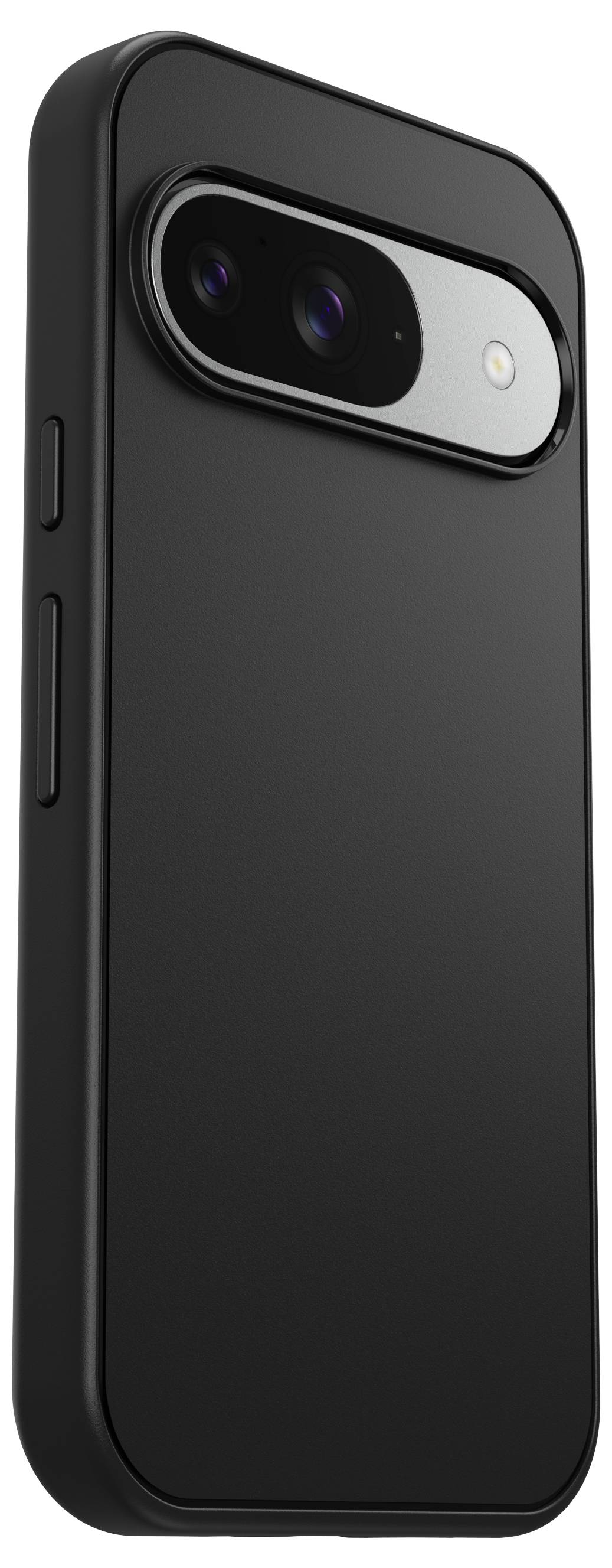 Schwarzes Smartphone mit vertikalem Dual-Kamera-Modul auf der Rückseite. Ein seitlicher Knopf ist sichtbar.