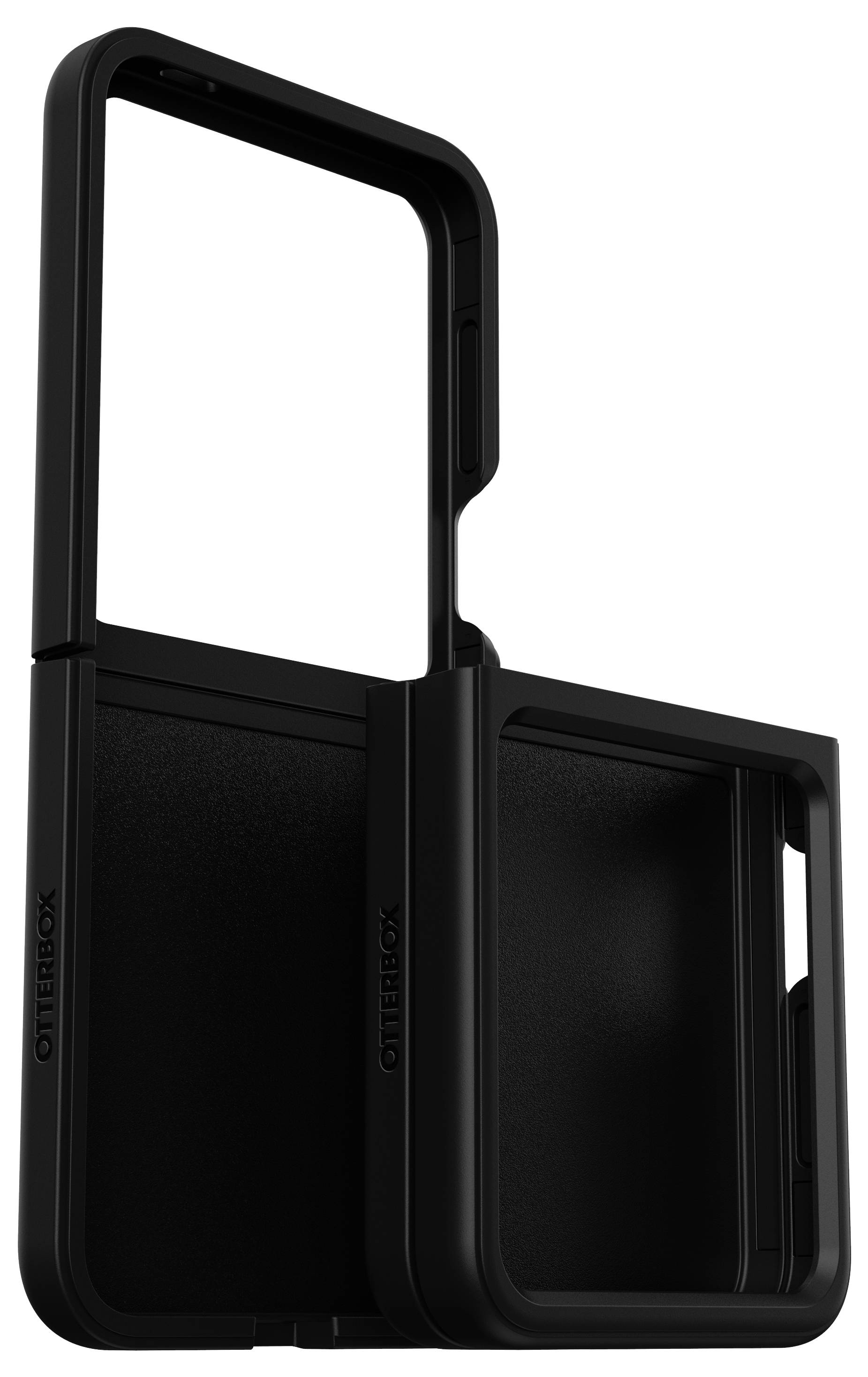 Schwarzes Schutzetui für faltbare Smartphones, teilweise geöffnet, stehend in aufrechter Position. Markenname 'OtterBox' an der Seite sichtbar.