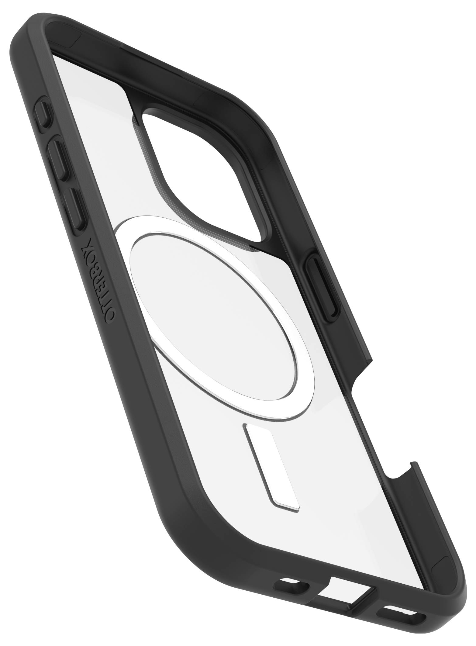 Schwarze Handyhülle für ein Smartphone mit durchsichtigem Rücken und integriertem Schutz. Geeignet für Schutz und Stil.