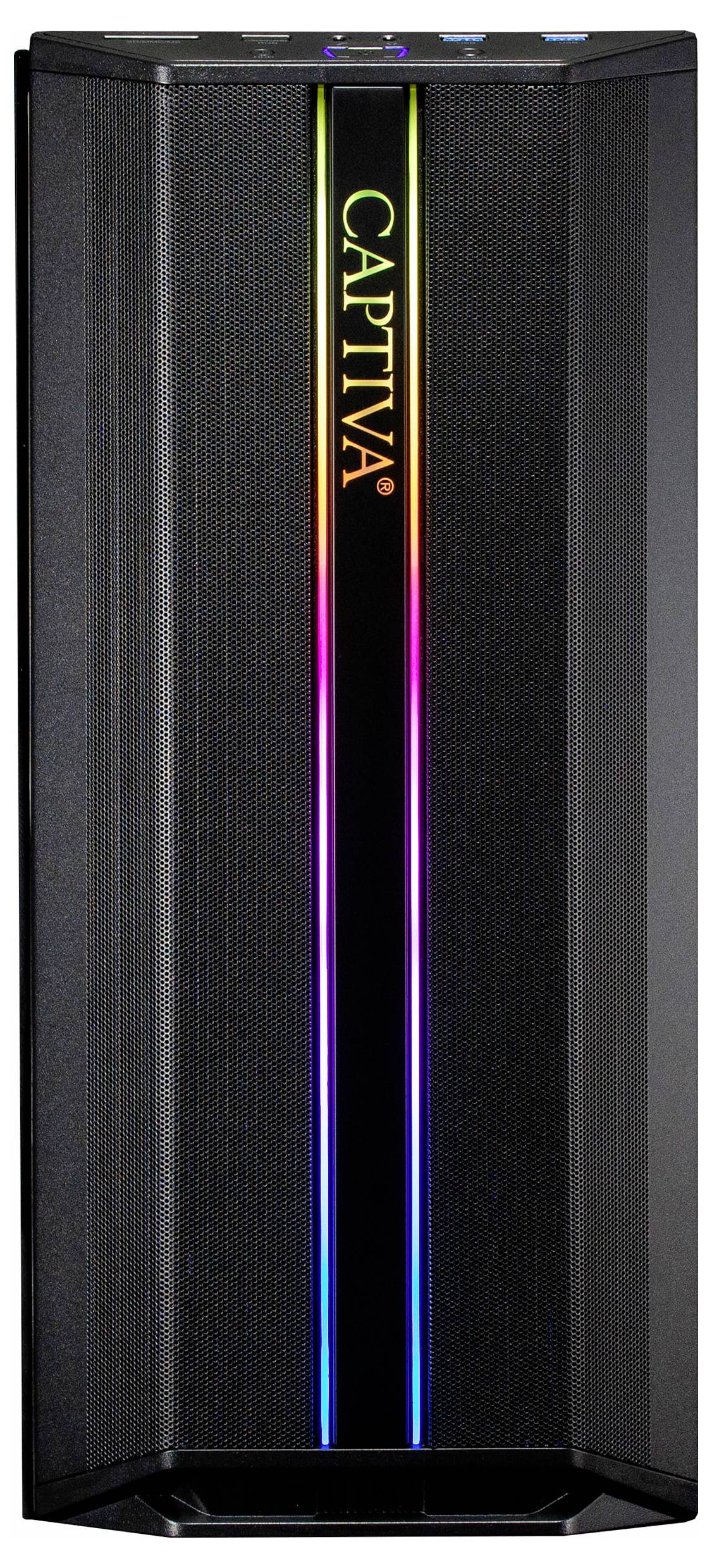 Ein Gaming-PC-Gehäuse mit markantem CAPTIVA-Logo und vertikalem RGB-Lichtstreifen, der in verschiedenen Farben leuchtet.