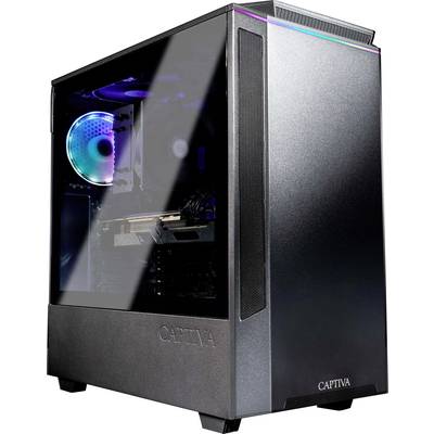 Gaming-PC mit Glas-Seitenteil, sichtbarer RGB-Beleuchtung und moderner Grafikkarte. Modell 'Captiva' steht auf dem Gehäuse.