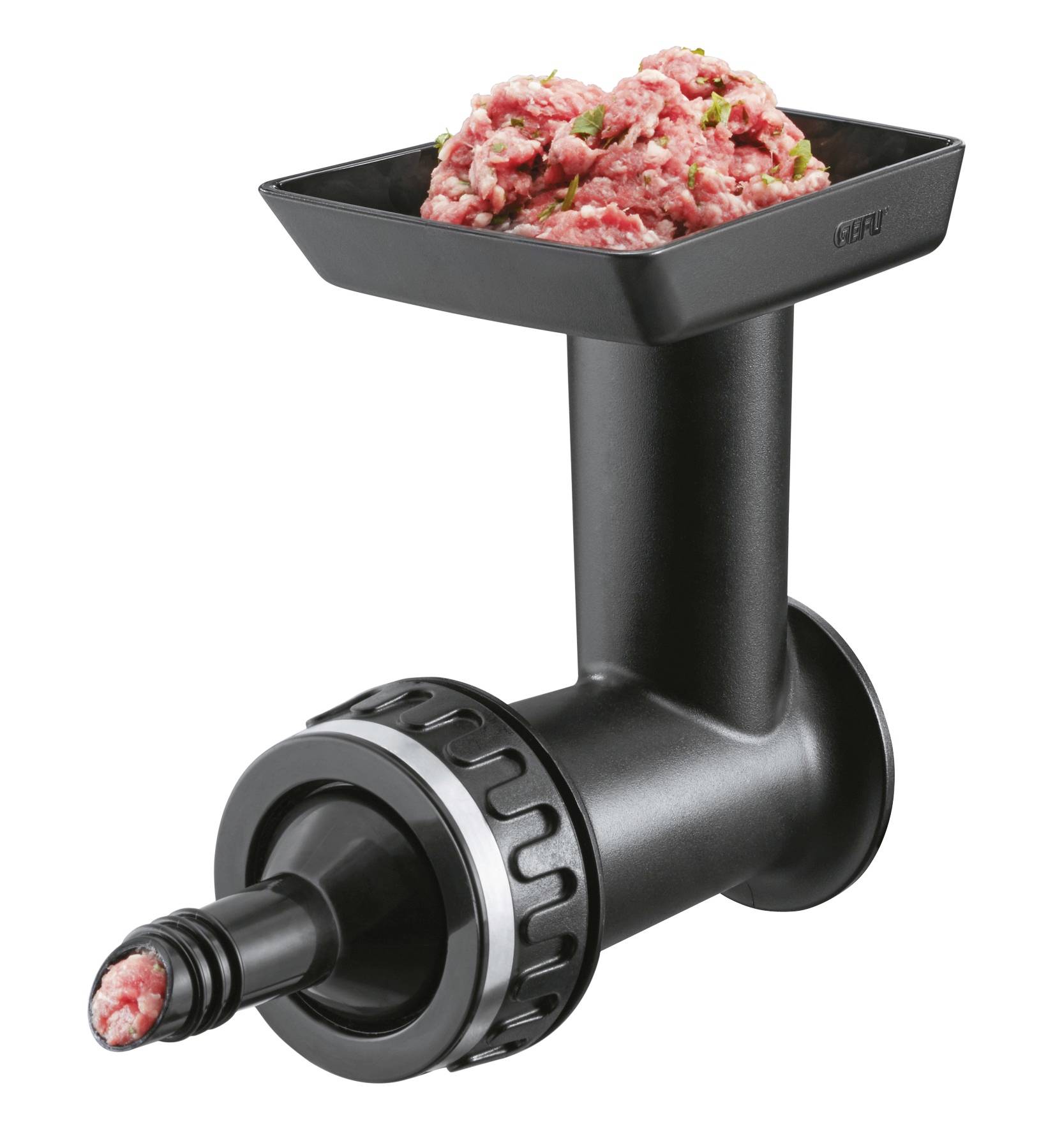 Ein Fleischwolf mit schwarzem Gehäuse. Oben wird rohes Fleisch eingefüllt, unten kommt faschiertes Fleisch heraus.