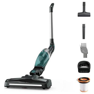 Ein kabelloser Staubsauger mit Zubehör: Fugendüse, Bürste, und Filter. Ideal für flexible Reinigung von Teppichen und Hartböden.