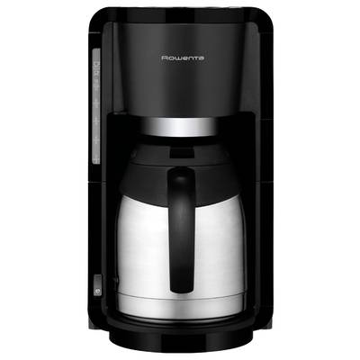 Eine schwarze Filterkaffeemaschine mit Edelstahl-Thermoskanne, geeignet für die Zubereitung von mehreren Tassen Kaffee.