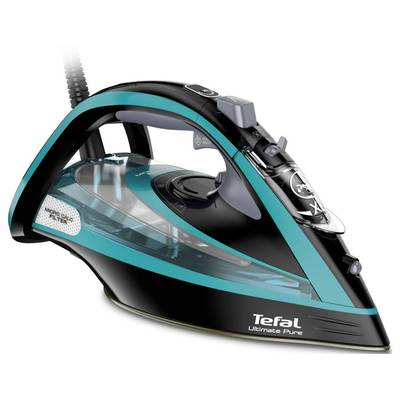 Bügeleisen mit grauer und türkiser Farbgebung, Dampffunktion und durchsichtigem Wassertank. Marke 'Tefal Ultimate Pure' sichtbar.