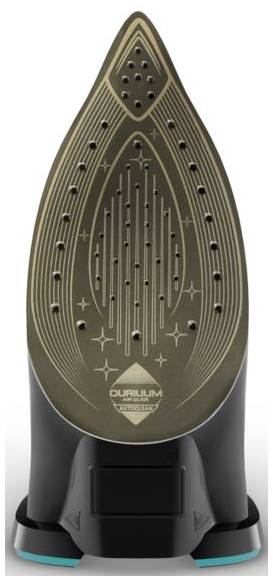 Bügeleisen mit goldener Sohle, Dampflöcher und schwarzem Gehäuse. Design mit Glitzermuster und 'Duralium Airglide Autoclean'-Aufschrift.