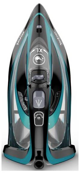 Ansicht eines Dampfbügeleisens von oben, mit blau-schwarzem Design und verschiedenen Einstellungsknöpfen im Zentrum.