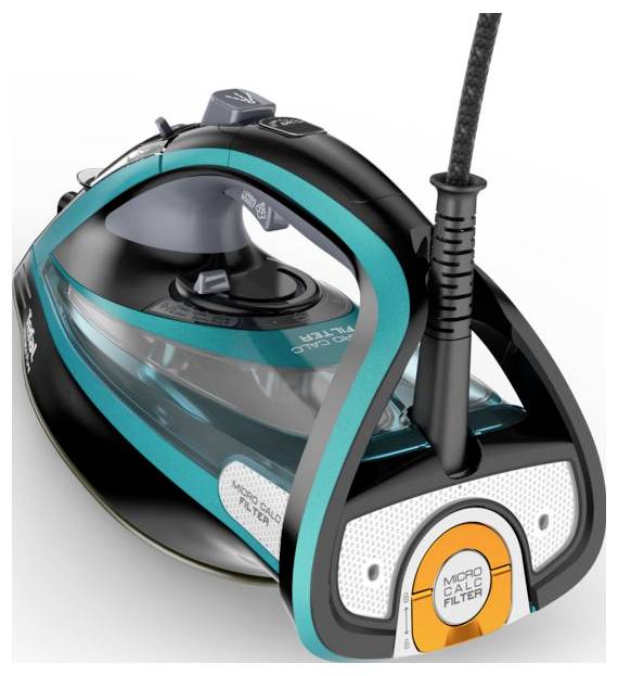 Ein modernes Dampfbügeleisen in Schwarz und Türkis mit Anti-Kalkfilter und transparenter Wassertankanzeige für effizientes Bügeln.