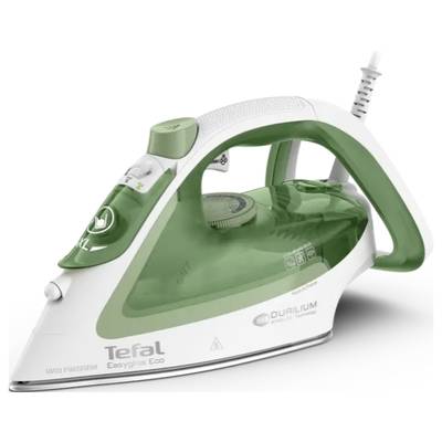 Ein grünes und weißes Bügeleisen der Marke Tefal mit Dampffunktion.