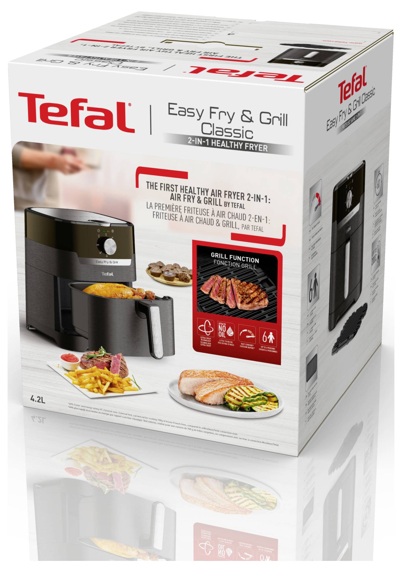 Tefal Easy Fry & Grill Classic. Fritteuse und Grill in einem. Abgebildet mit Pommes und gegrilltem Fleisch. 4,2 Liter Kapazität.