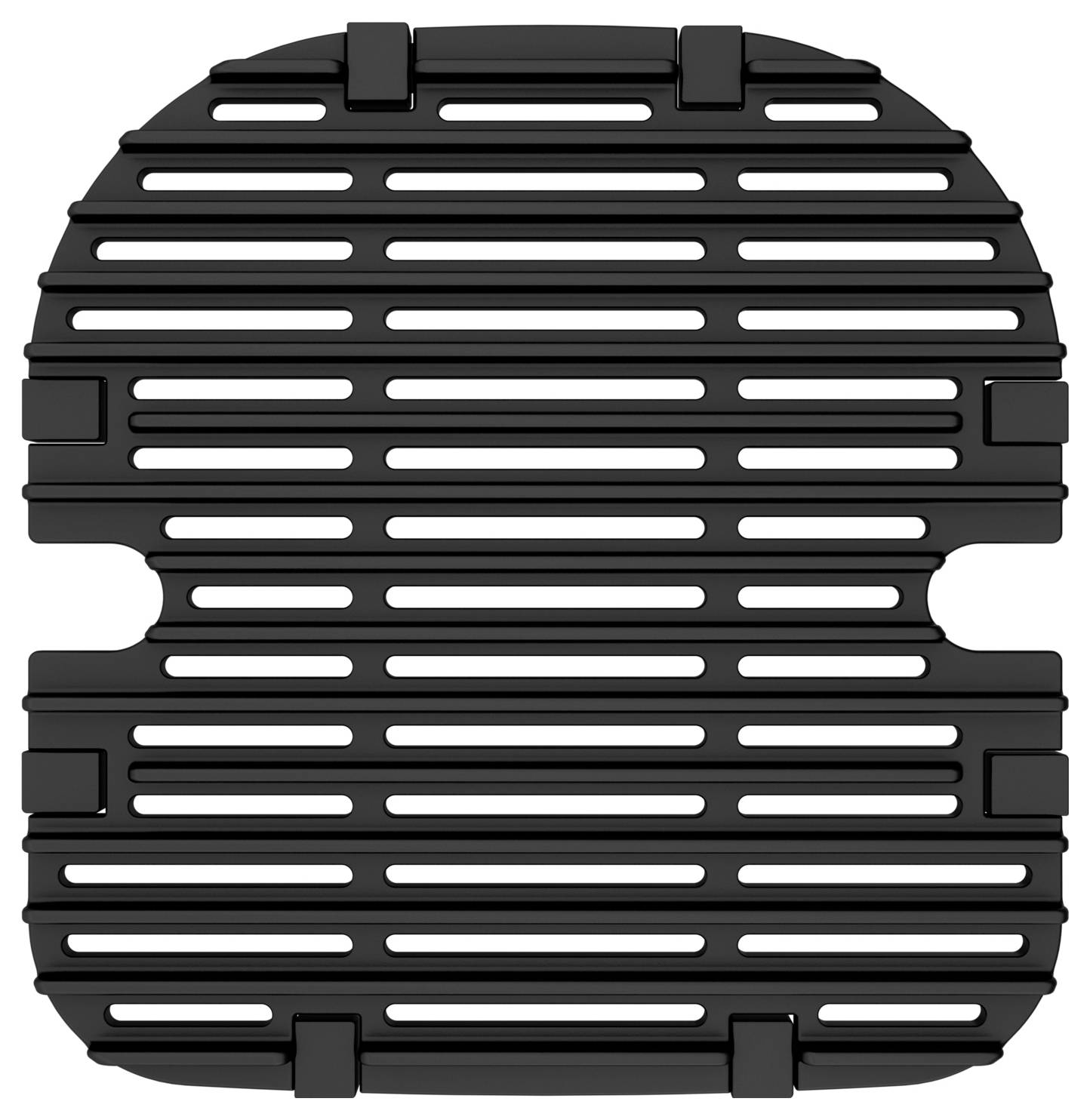 Ein schwarzer, rechteckiger Gitterrost mit parallel verlaufenden, horizontalen Schlitzen und abgerundeten Ecken.