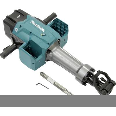 Ein grüner Makita-Abbruchhammer mit zwei Griffen und einem Meißel. Werkzeug für Bauarbeiten und Abbruchaufgaben.