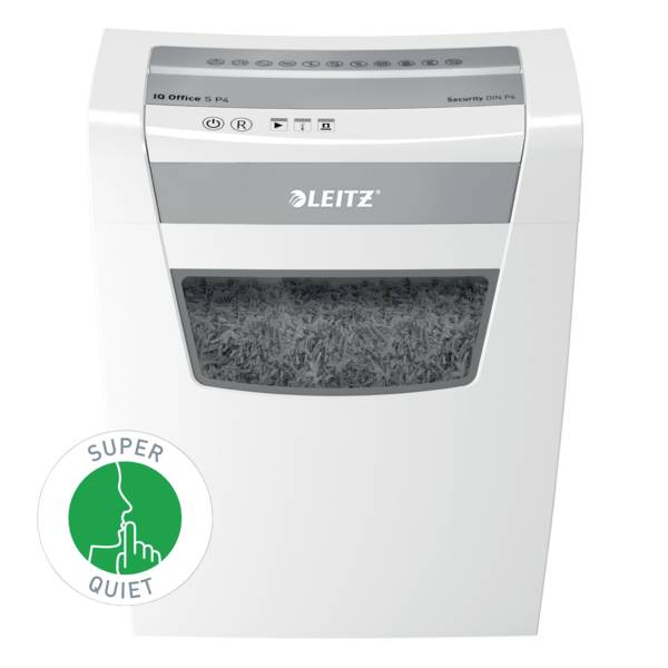 Ein weißer Aktenvernichter der Marke 'Leitz' mit integriertem Auffangbehälter und einem Aufkleber 'Super Quiet', zeigt reduzierte Betriebsgeräusche.