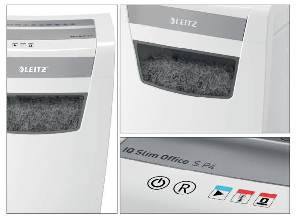 Elektrischer Aktenvernichter mit Schreddermaterial im Fenster. Bedientasten für Ein/Aus, Rücklauf und Überhitzung in Nahaufnahme.