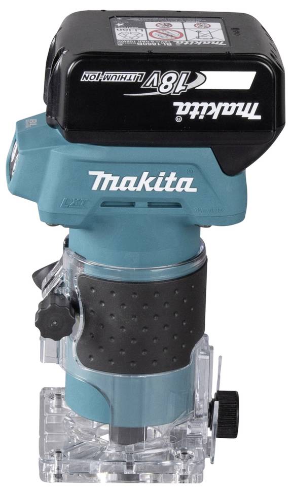Kabelloses Elektrowerkzeug mit „Makita"-Branding. Blau-schwarzes Design, kompakte Größe. Akku oben angebracht, Griffgriff sichtbar.