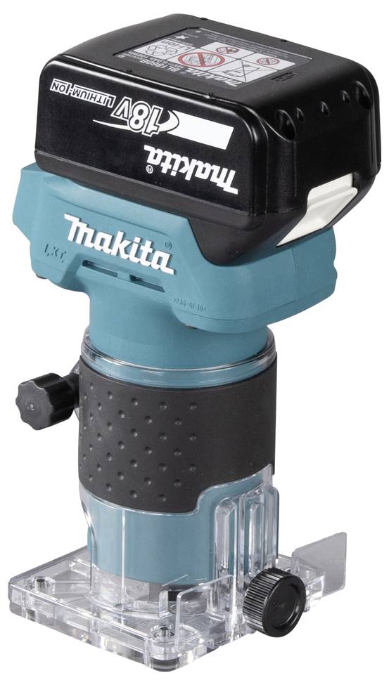 Ein Makita 18V Akku-Oberfräse mit blauem und schwarzem Gehäuse, Gummigriff und durchsichtiger Basis, mit einem schwarzen Akku oben drauf.
