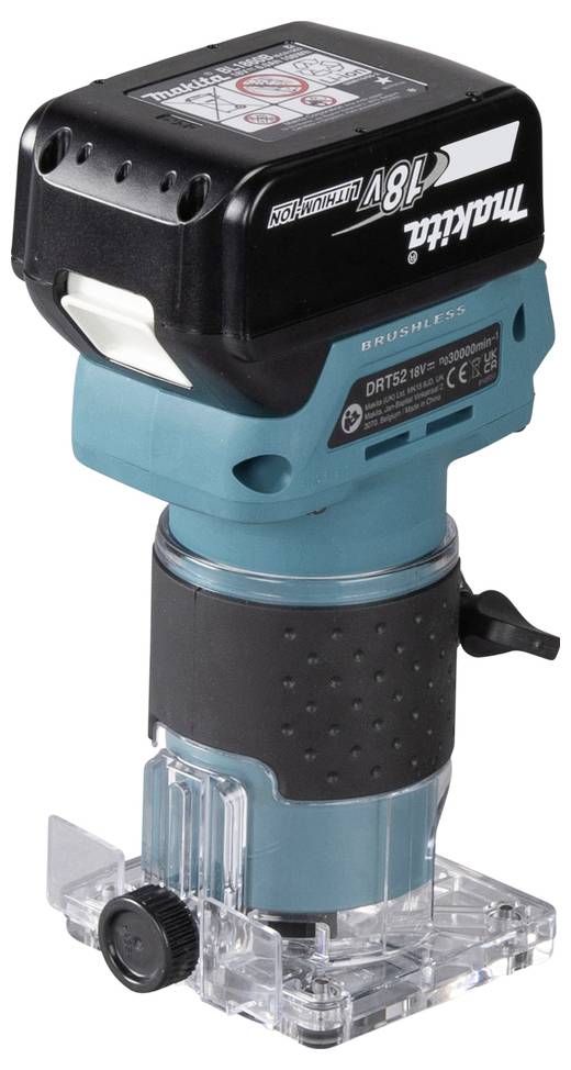 Kabelloses Handwerkzeug in Blau und Schwarz mit der Bezeichnung „18V" oben, verwendet für präzises Schneiden und Trimmen in der Holzbearbeitung.