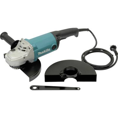 Eine blaue Winkelschleifmaschine mit schwarzem Griff und Kabel, daneben eine Schutzabdeckung und ein flacher Metallwerkzeugschlüssel.