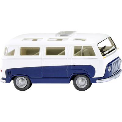 Ein Modellauto eines Retro-Vans in Weiß und Blau mit sichtbaren Fenstern und Rädern.