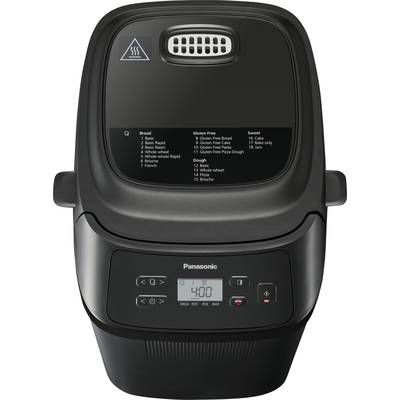 Ein schwarzer Brotbackautomat mit einem digitalen Display zeigt '4:00' an. Oben sind Programme wie 'Brot' und 'Glutenfrei' aufgelistet.
