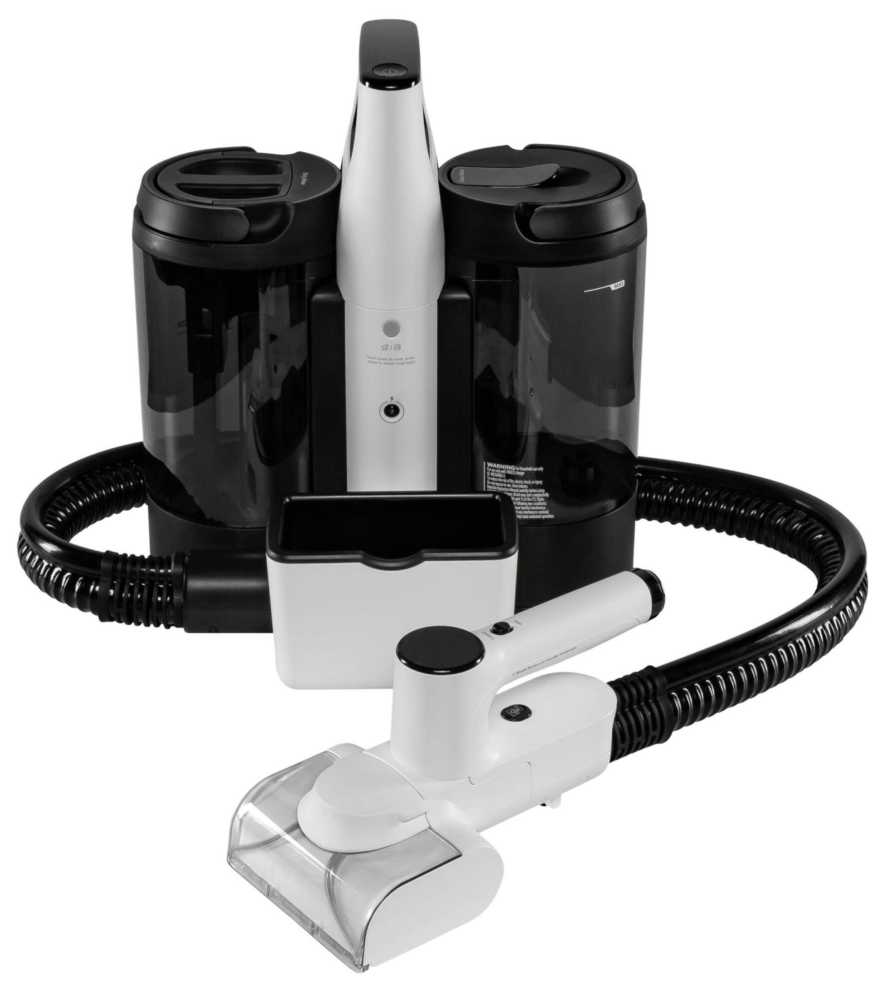 Heißwasserreinigungsgerät mit zwei schwarzen Tanks und abnehmbarem weißen Sprühkopf mit Schlauch, für Teppiche und Polster.