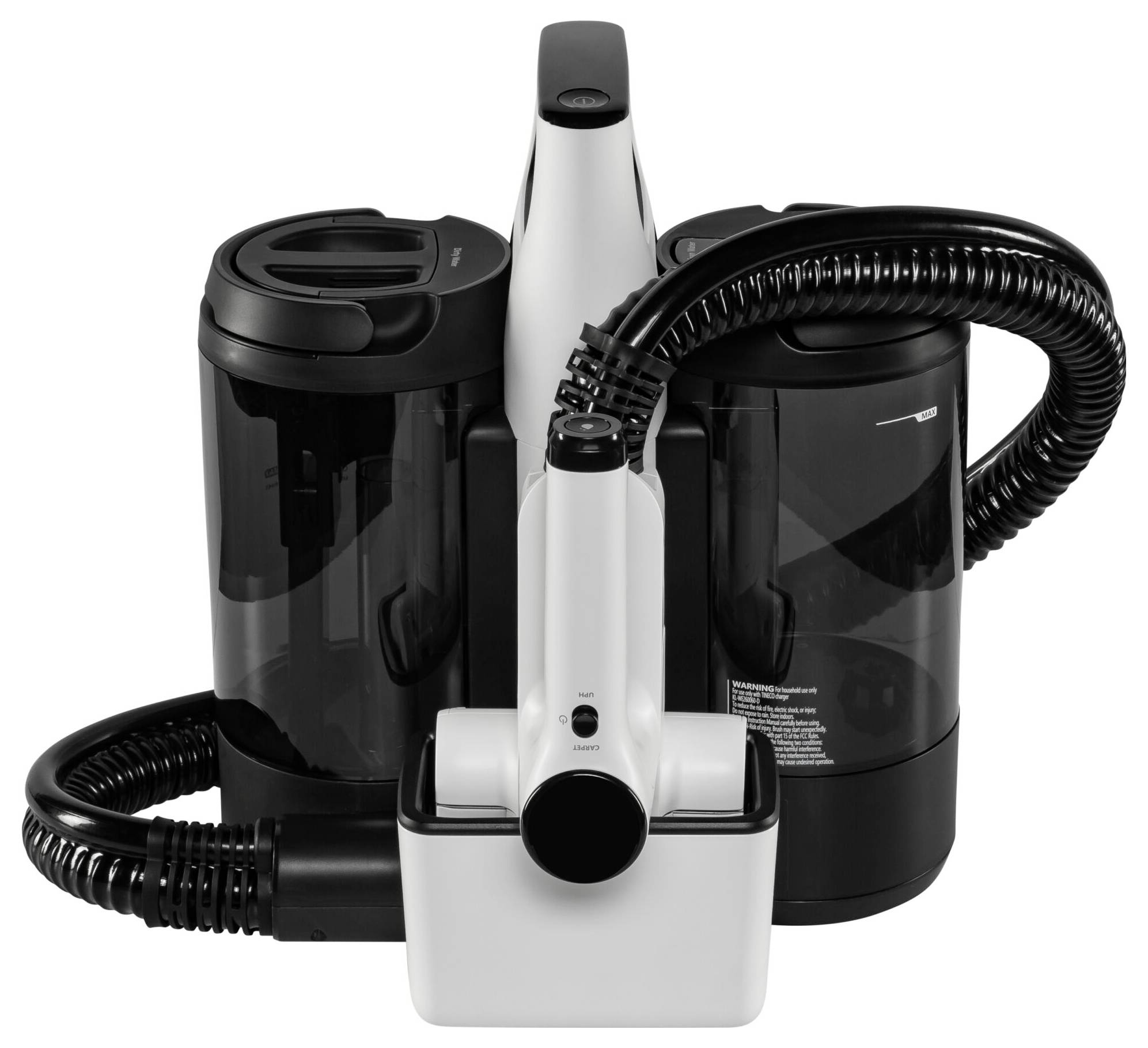 Ein weißer Staubsauger mit zwei großen, schwarzen Schmutzbehältern und schwarzem Rohr; modern und kompakt designt.