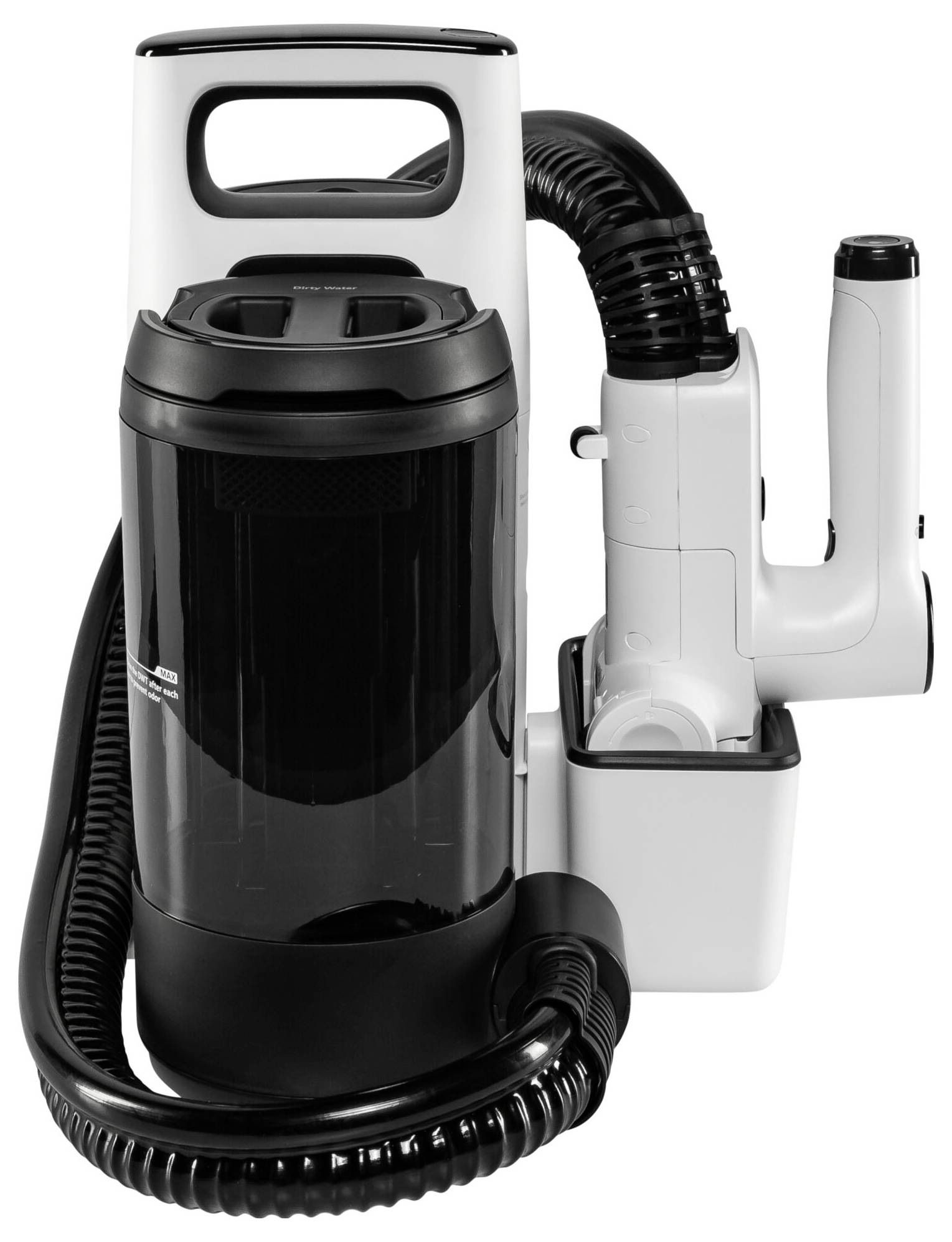 Tragbarer, kabelloser Staubsauger in Schwarz-Weiß mit abnehmbarem Handteil und flexiblem Schlauch. Ideal für vielseitige Reinigungsarbeiten.