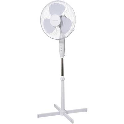 Ein weißer Standventilator mit drei Rotorblättern, stehend auf einem Kreuzfuß, geeignet für Innenraumbelüftung.
