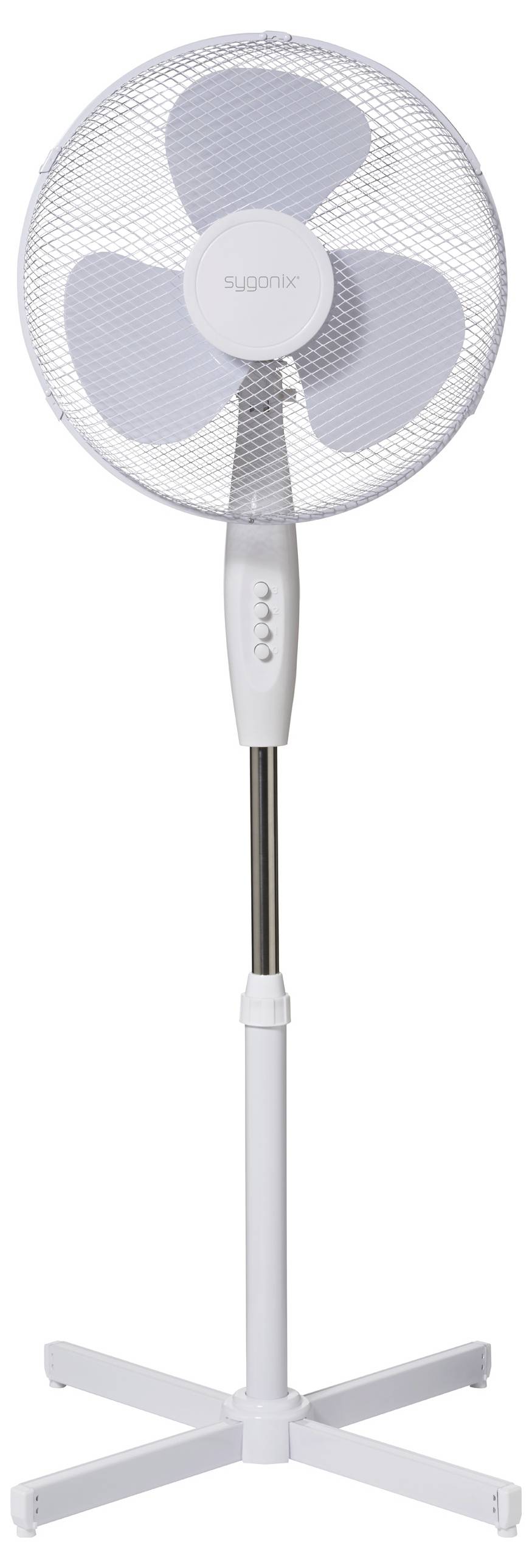 Ein weißer Standventilator mit drei Rotorblättern und verstellbarer Höhe. Er steht auf einem Kreuzfuß und hat Bedienelemente am Ständer.