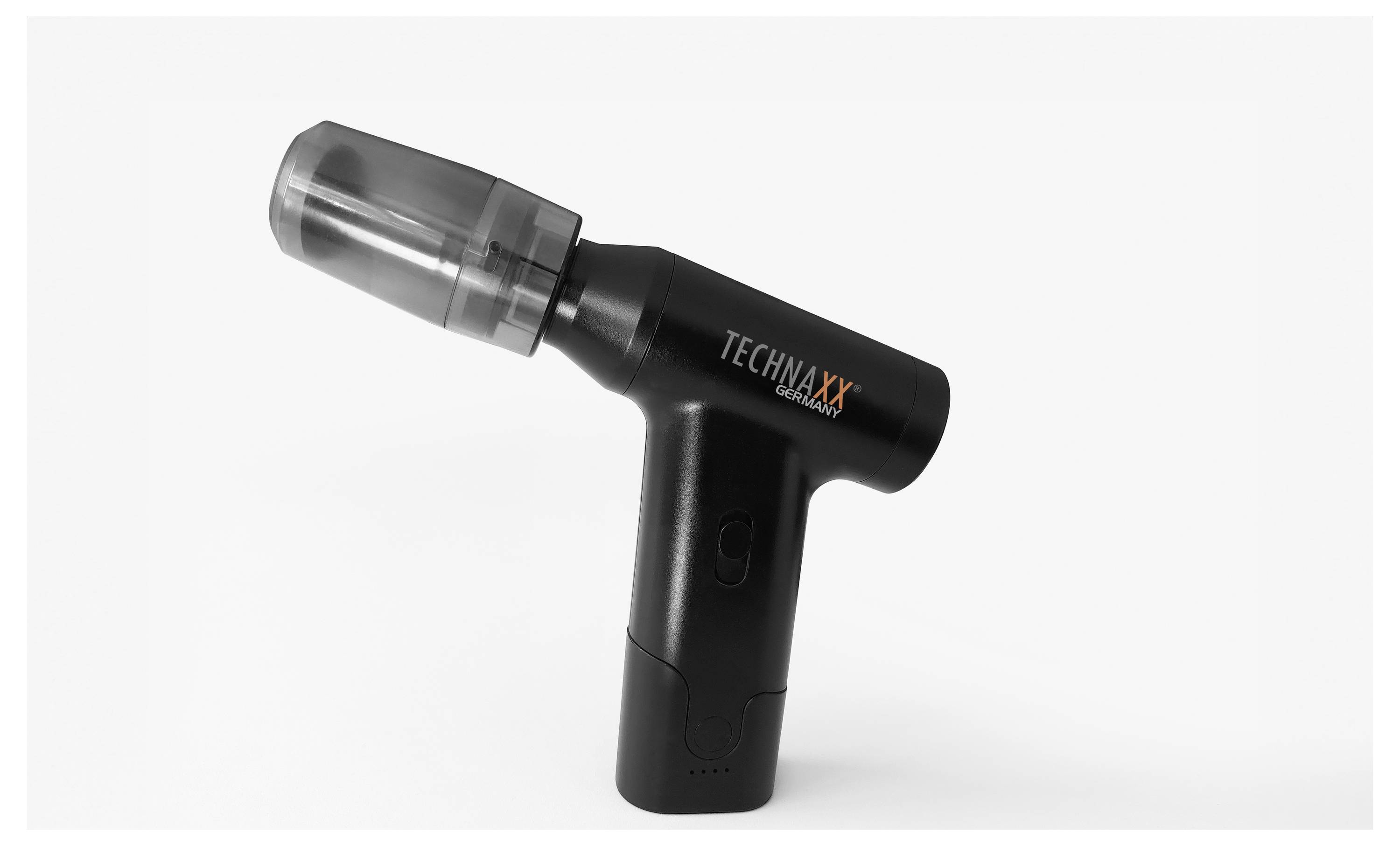 Ein schwarzer Handstaubsauger von 'TECHNAXX', schlankes Design, mit grauem Aufsatz, vor einem weißen Hintergrund.
