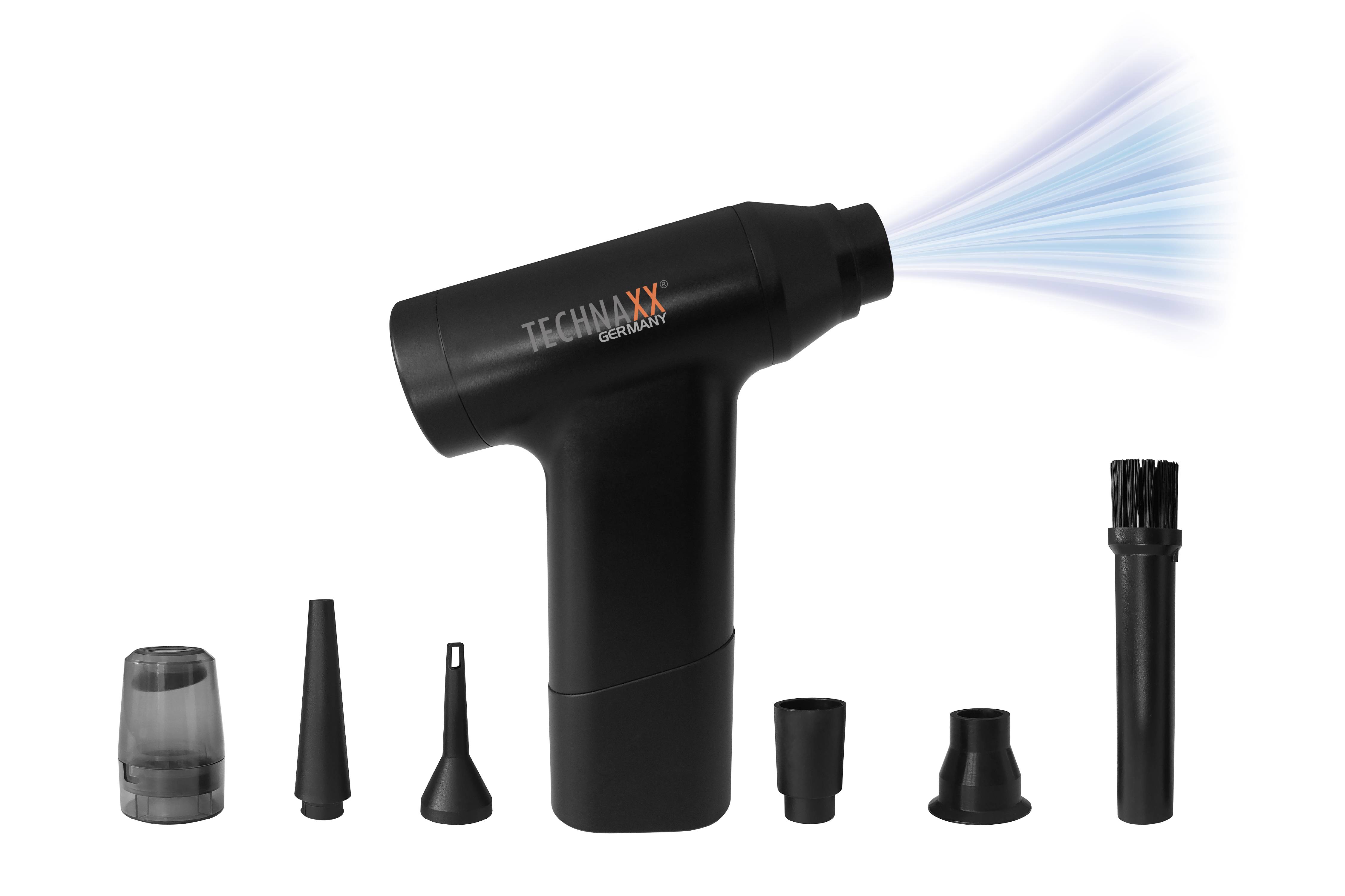 Elektrischer Luftdruckreiniger mit mehreren Düsenaufsätzen zur Reinigung von Geräten oder Oberflächen. Enthält Bürstenaufsatz.