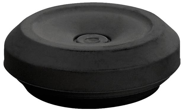 Schwarzer Plastikdeckel mit gewölbter Mitte und glatt geformten Kanten, möglicherweise Teil eines Verschlusssystems oder Behälters.